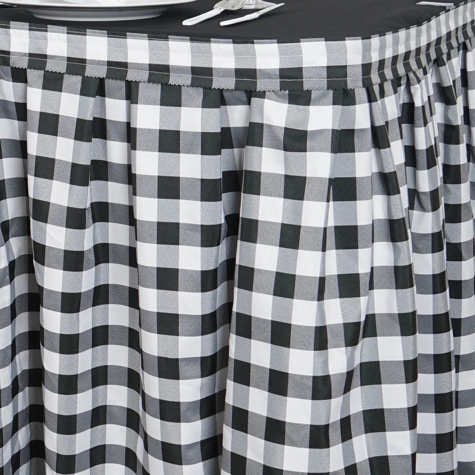 21FT Perfect Picnic Inspired White/Black Checkered Polyester Table Skirt For Wedding Party Event