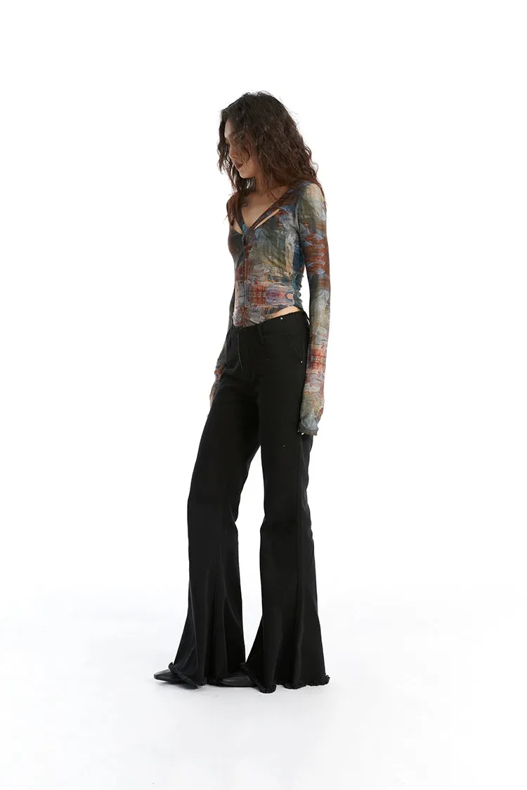 Abstract Print Long Sleeve V-Neck Bodysuit Top