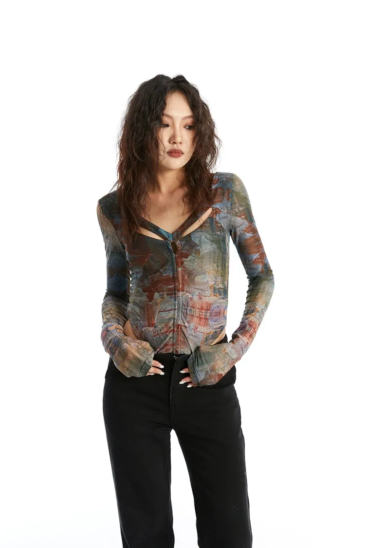 Abstract Print Long Sleeve V-Neck Bodysuit Top