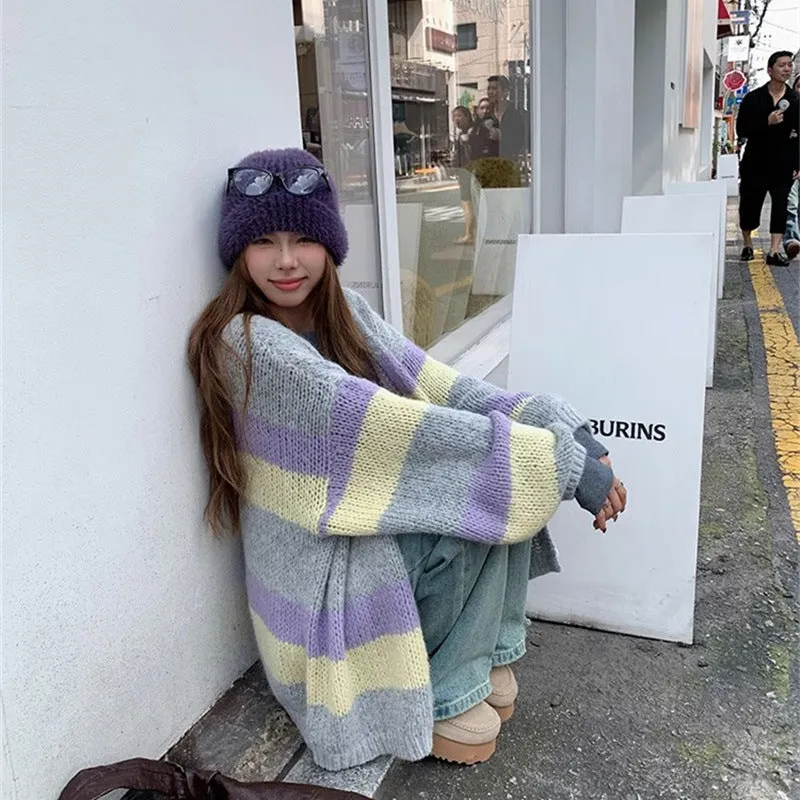 Aiertu casual fall outfits Color Matching Striped Sweater Coat Early Autumn Loose Soft Glutinous Lazy Knitted Cardigan for Women