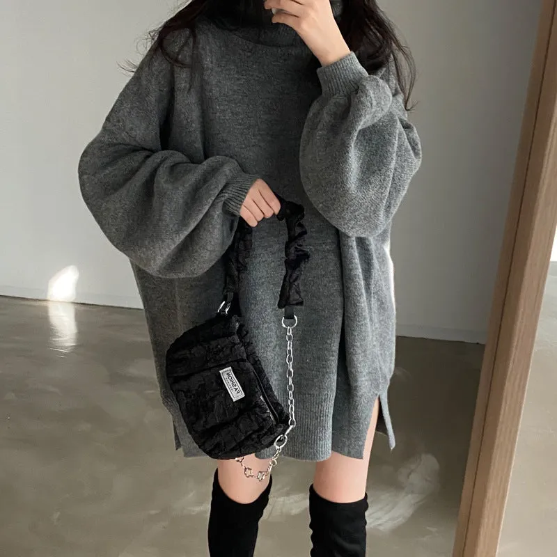 Amozae christmas outfit men Chic Lazy Turtleneck Warm Pullover Mid-Length Knitted Top for Women