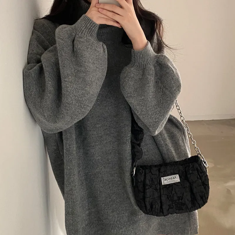 Amozae christmas outfit men Chic Lazy Turtleneck Warm Pullover Mid-Length Knitted Top for Women