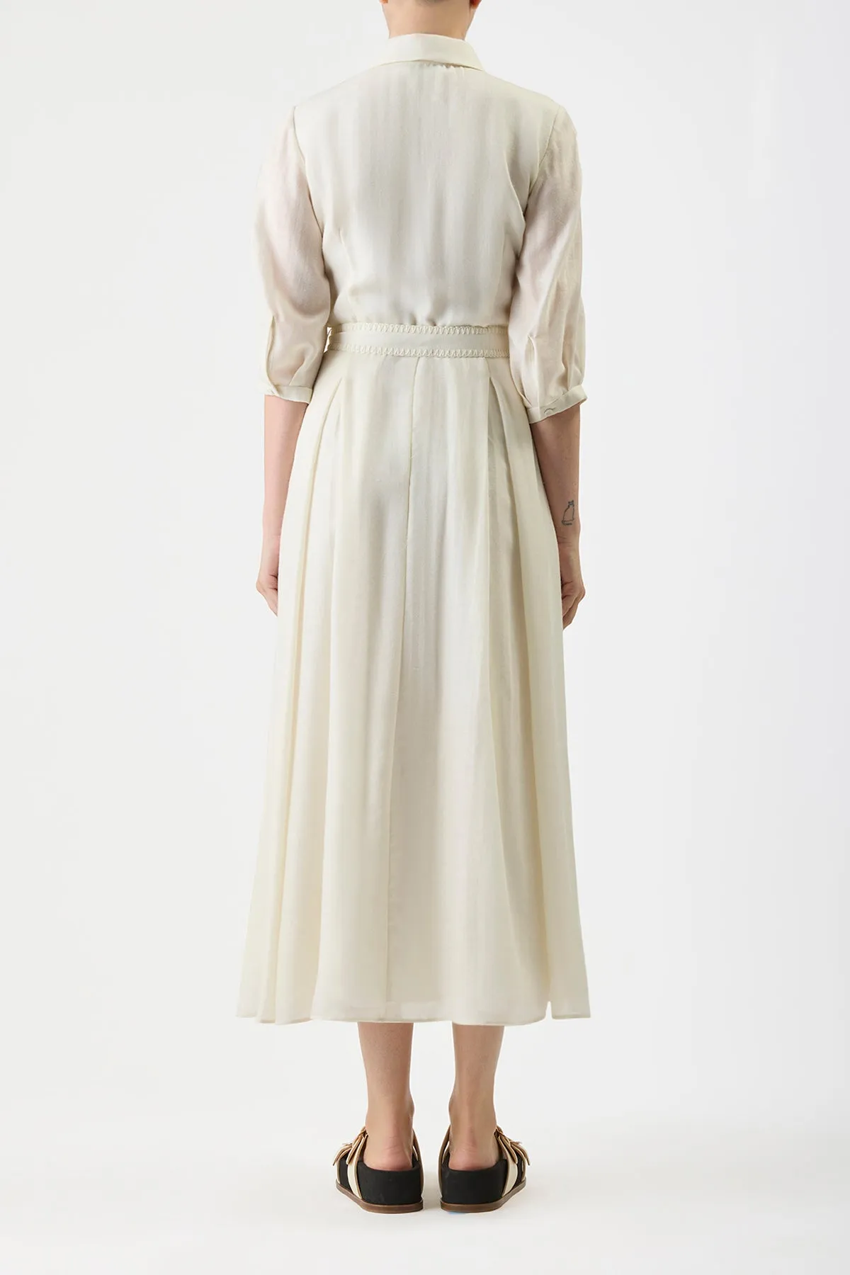 Andy Pleated Maxi Shirtdress in Ivory Virgin Wool Cashmere