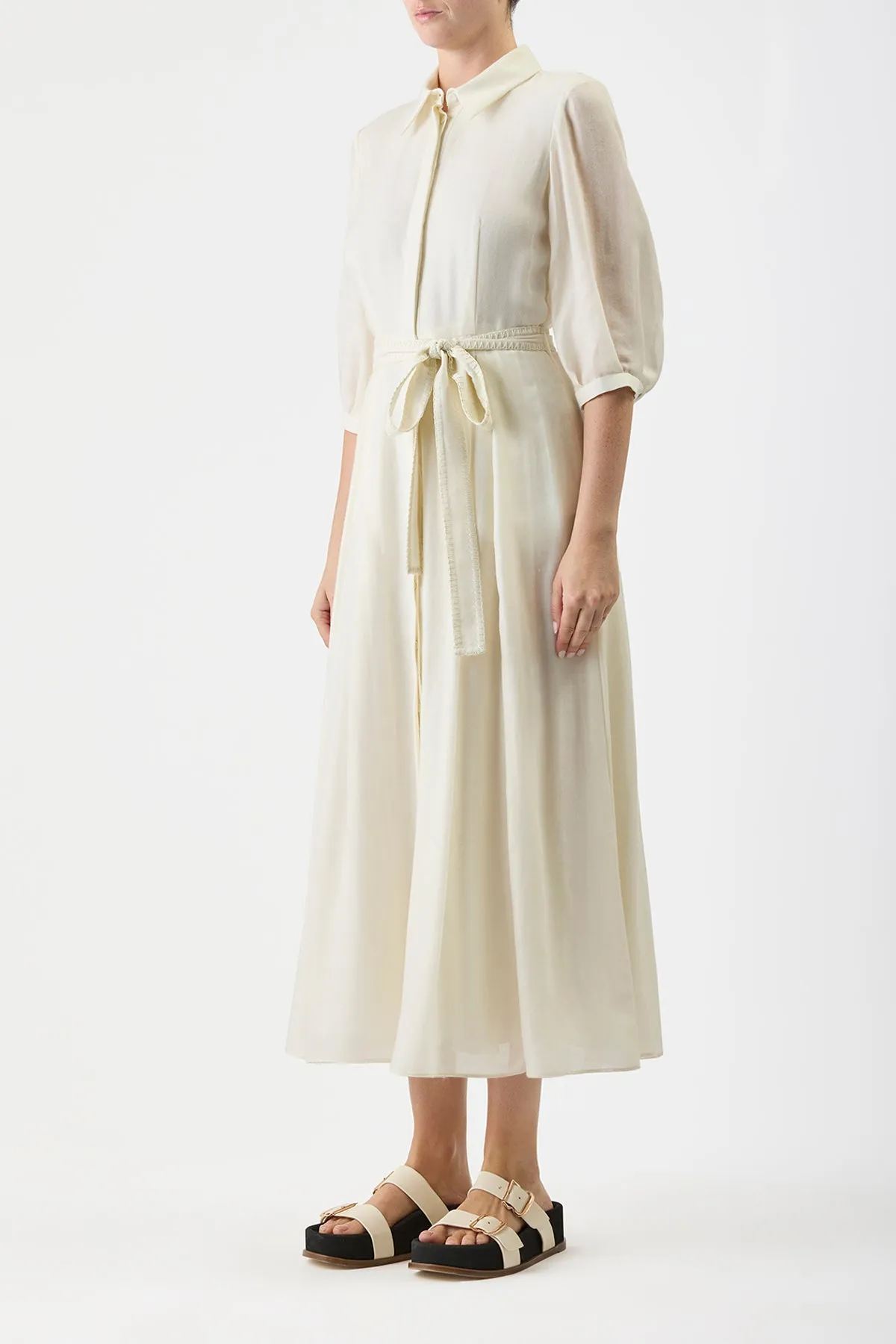 Andy Pleated Maxi Shirtdress in Ivory Virgin Wool Cashmere