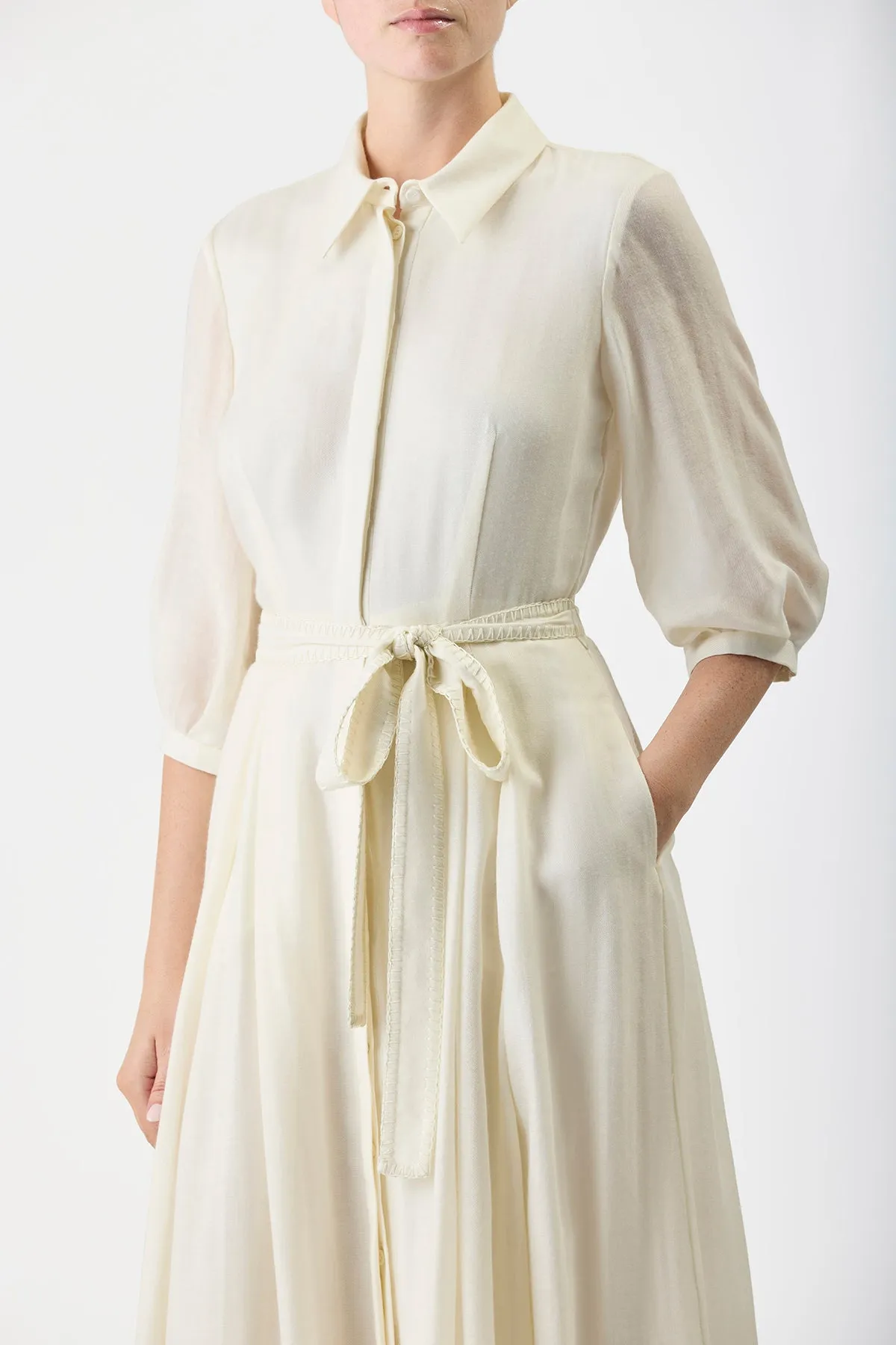 Andy Pleated Maxi Shirtdress in Ivory Virgin Wool Cashmere