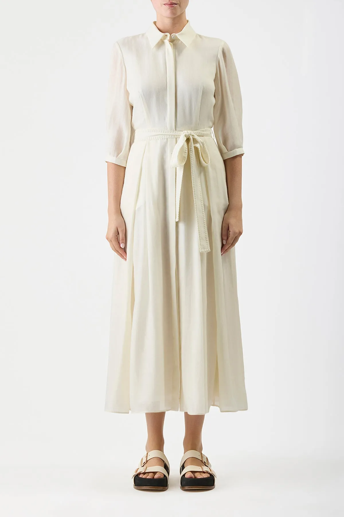 Andy Pleated Maxi Shirtdress in Ivory Virgin Wool Cashmere