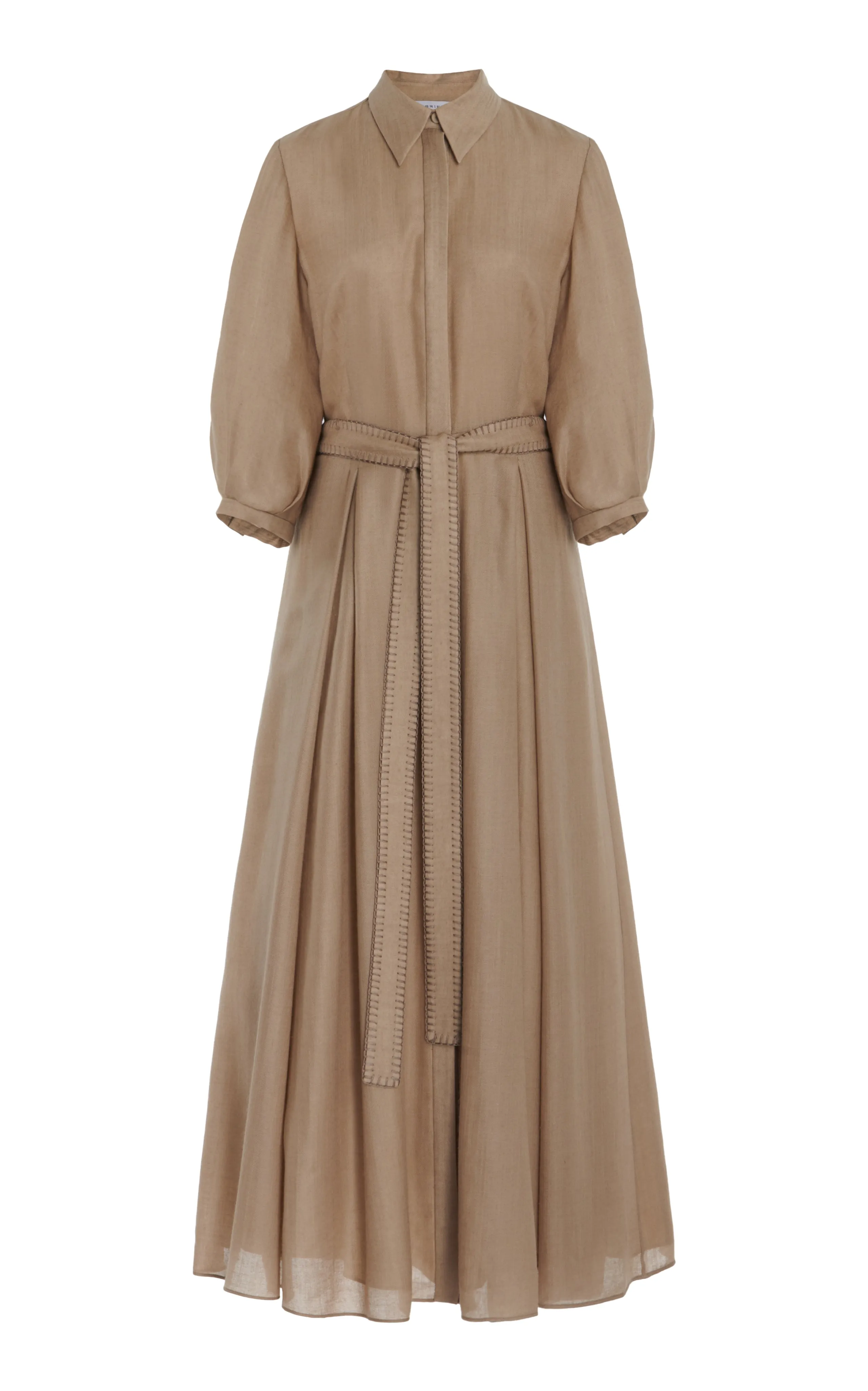 Andy Pleated Maxi Shirtdress in Khaki Virgin Wool Cashmere