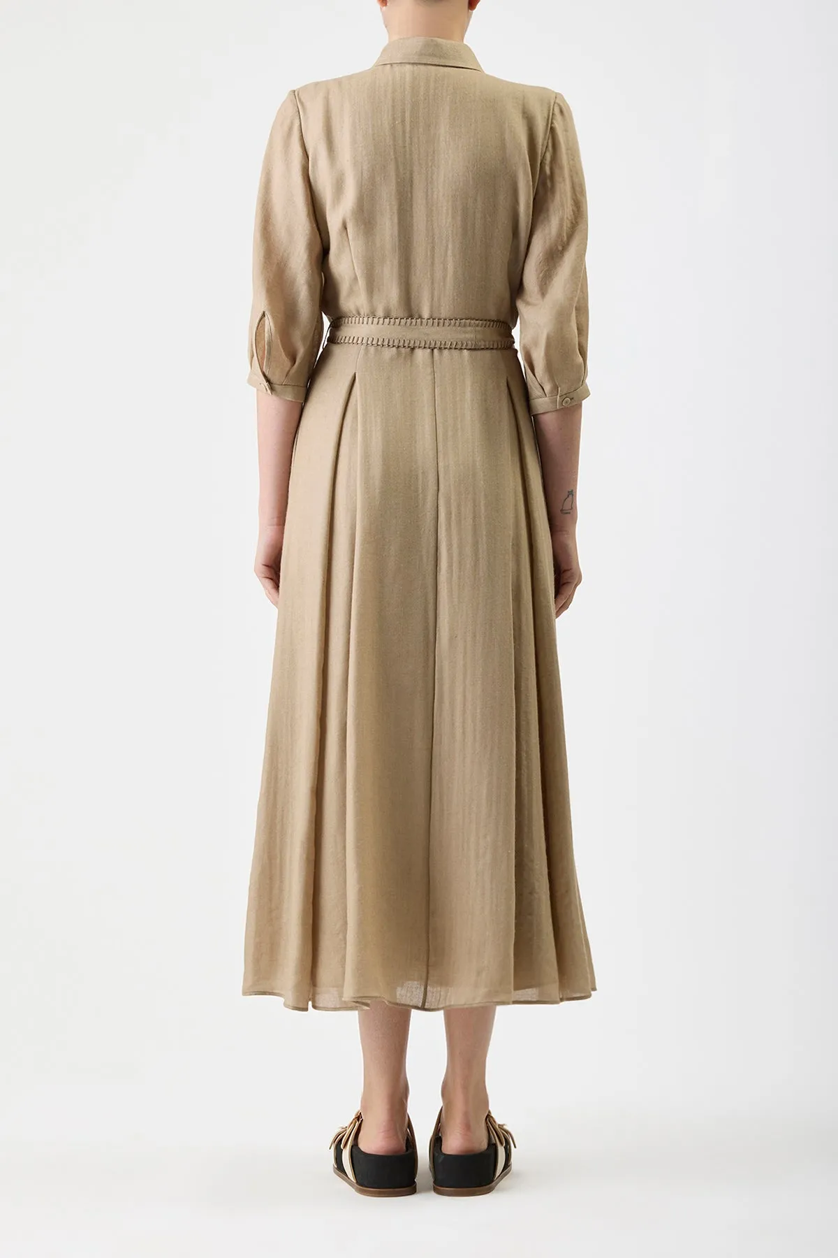 Andy Pleated Maxi Shirtdress in Khaki Virgin Wool Cashmere