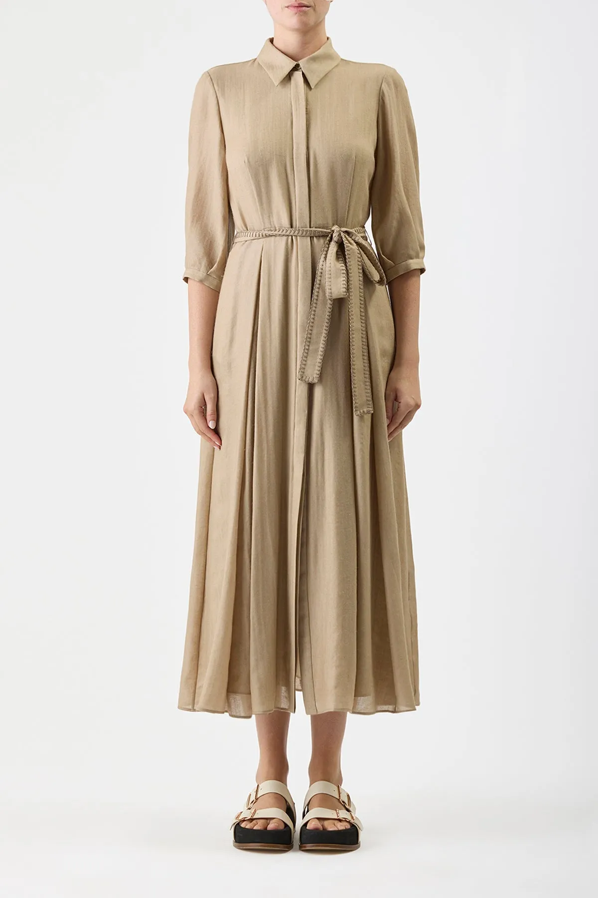 Andy Pleated Maxi Shirtdress in Khaki Virgin Wool Cashmere