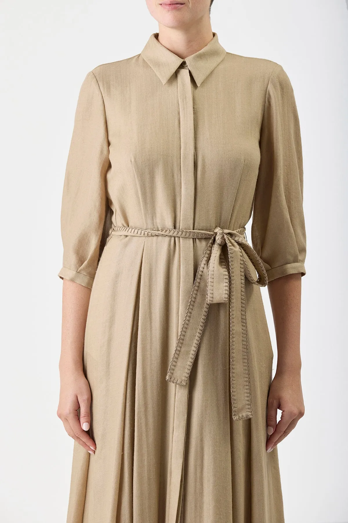 Andy Pleated Maxi Shirtdress in Khaki Virgin Wool Cashmere