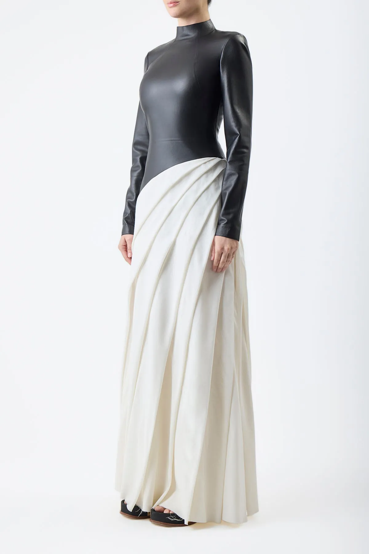 Aulay Pleated Maxi Dress in Black Nappa Leather & Ivory Cashmere Wool