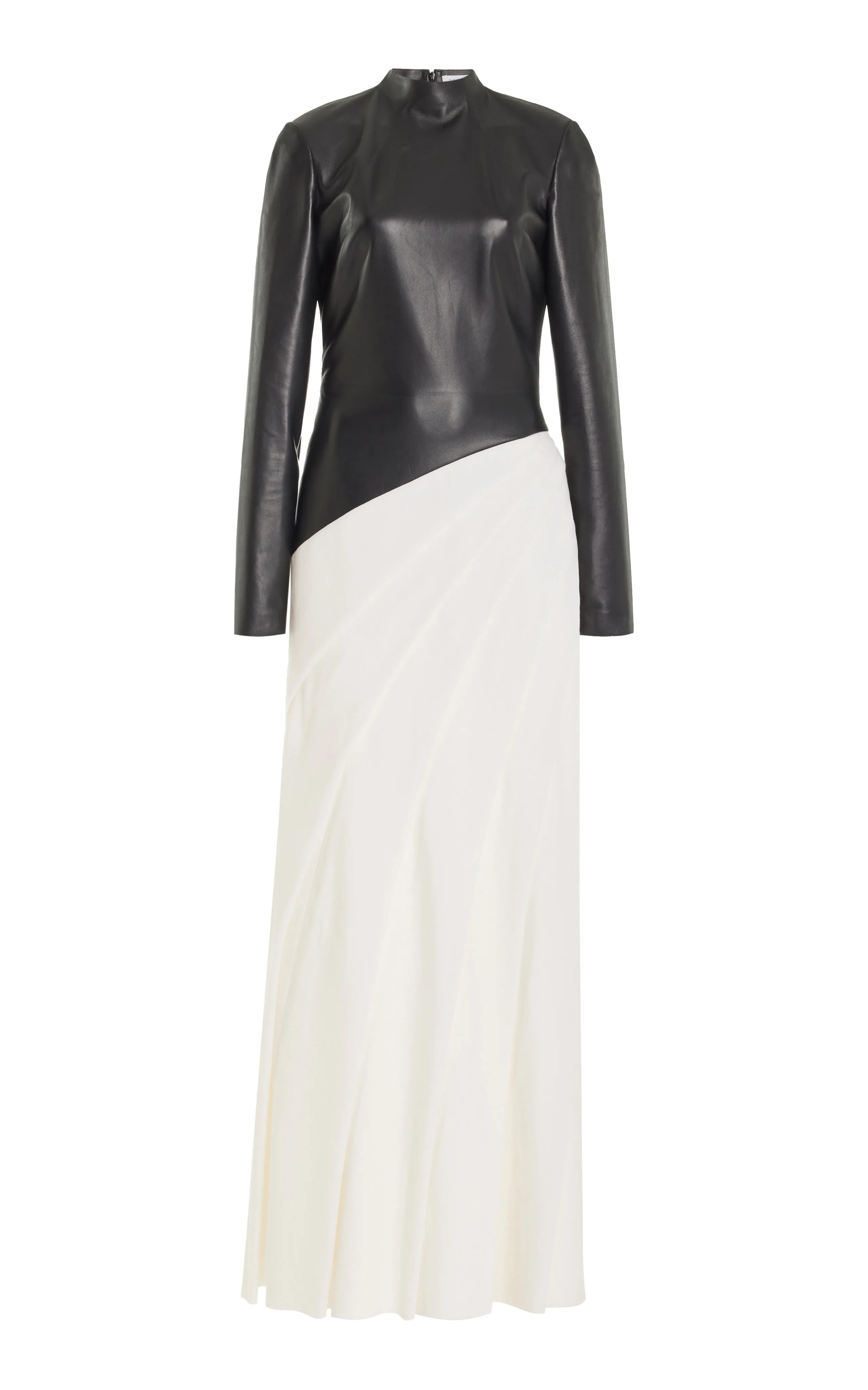 Aulay Pleated Maxi Dress in Black Nappa Leather & Ivory Cashmere Wool