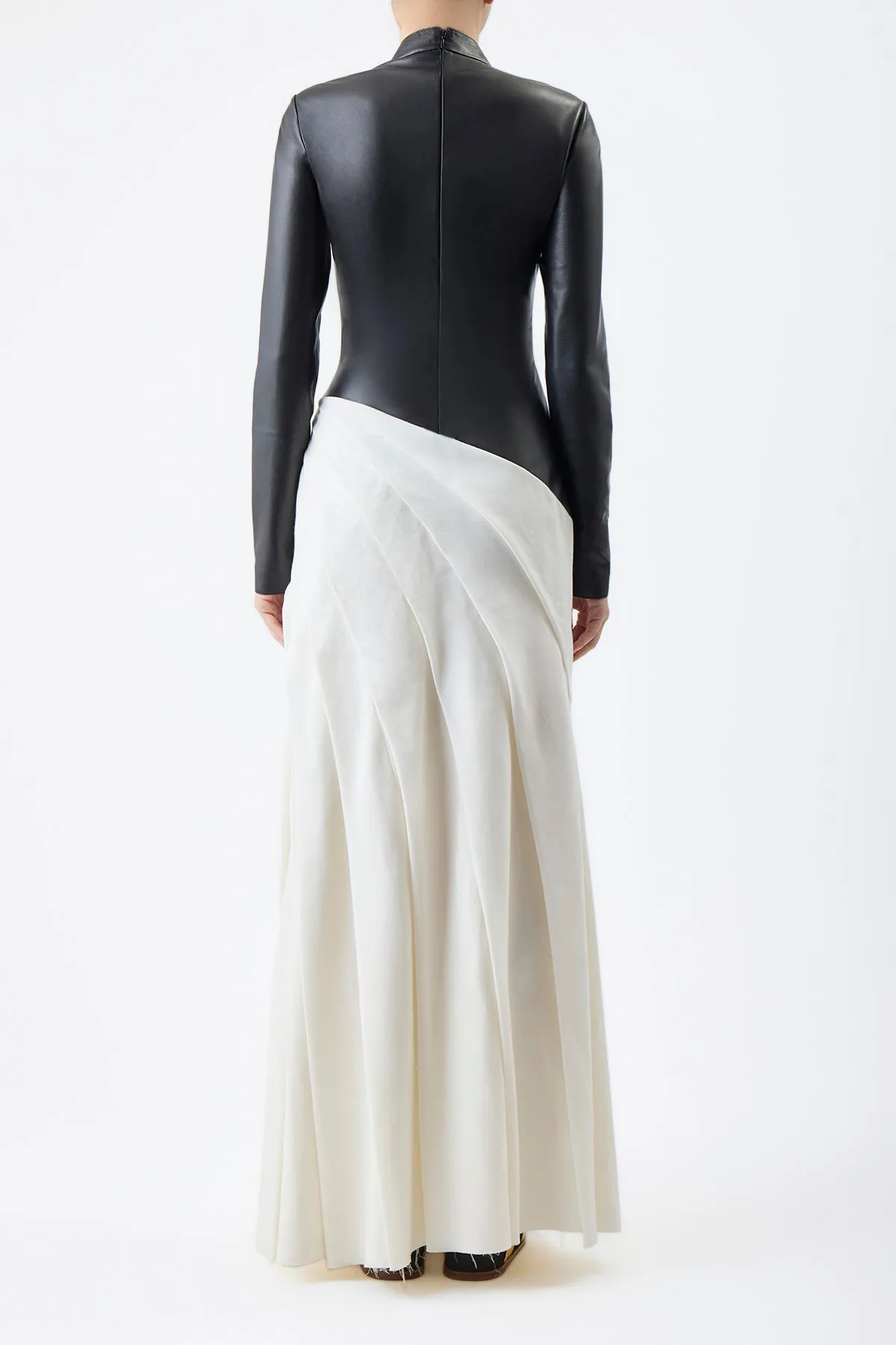 Aulay Pleated Maxi Dress in Black Nappa Leather & Ivory Cashmere Wool