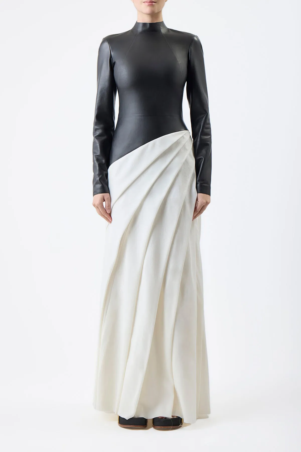 Aulay Pleated Maxi Dress in Black Nappa Leather & Ivory Cashmere Wool