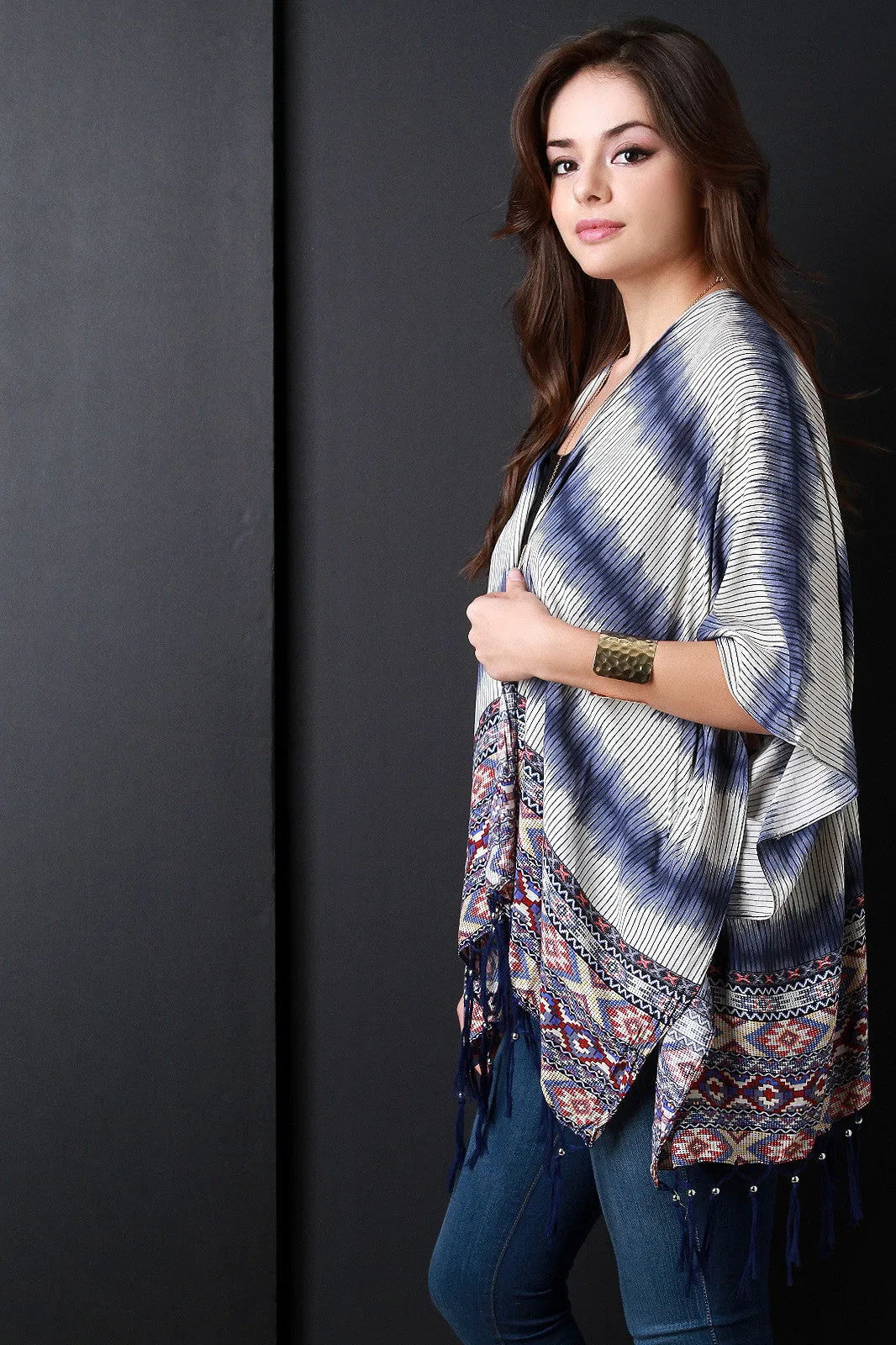 Aztec Stripes Beaded Fringe Poncho