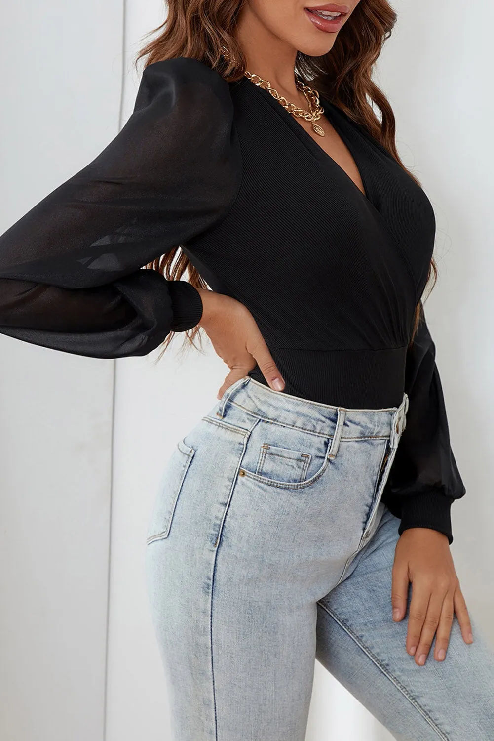 Black Solid Color V Neck Wrap Mesh Sleeves Long Sleeve Shirt Bodysuit