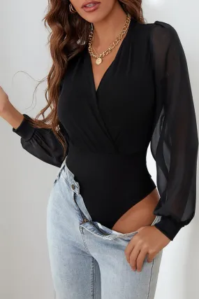 Black Solid Color V Neck Wrap Mesh Sleeves Long Sleeve Shirt Bodysuit