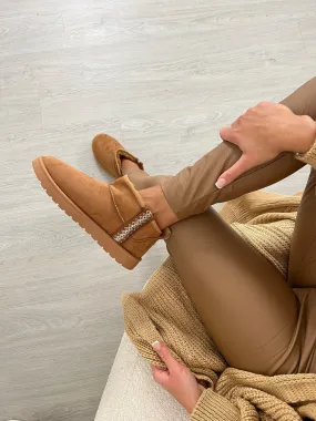 Camel Mini Suede boots with side embroidery