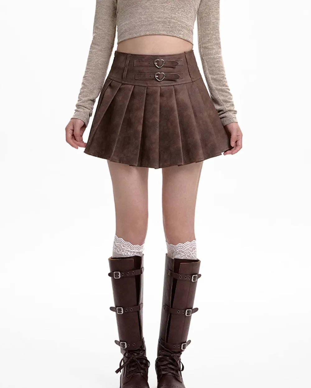 Coffee Cream Heart Buckle Mini Skirt