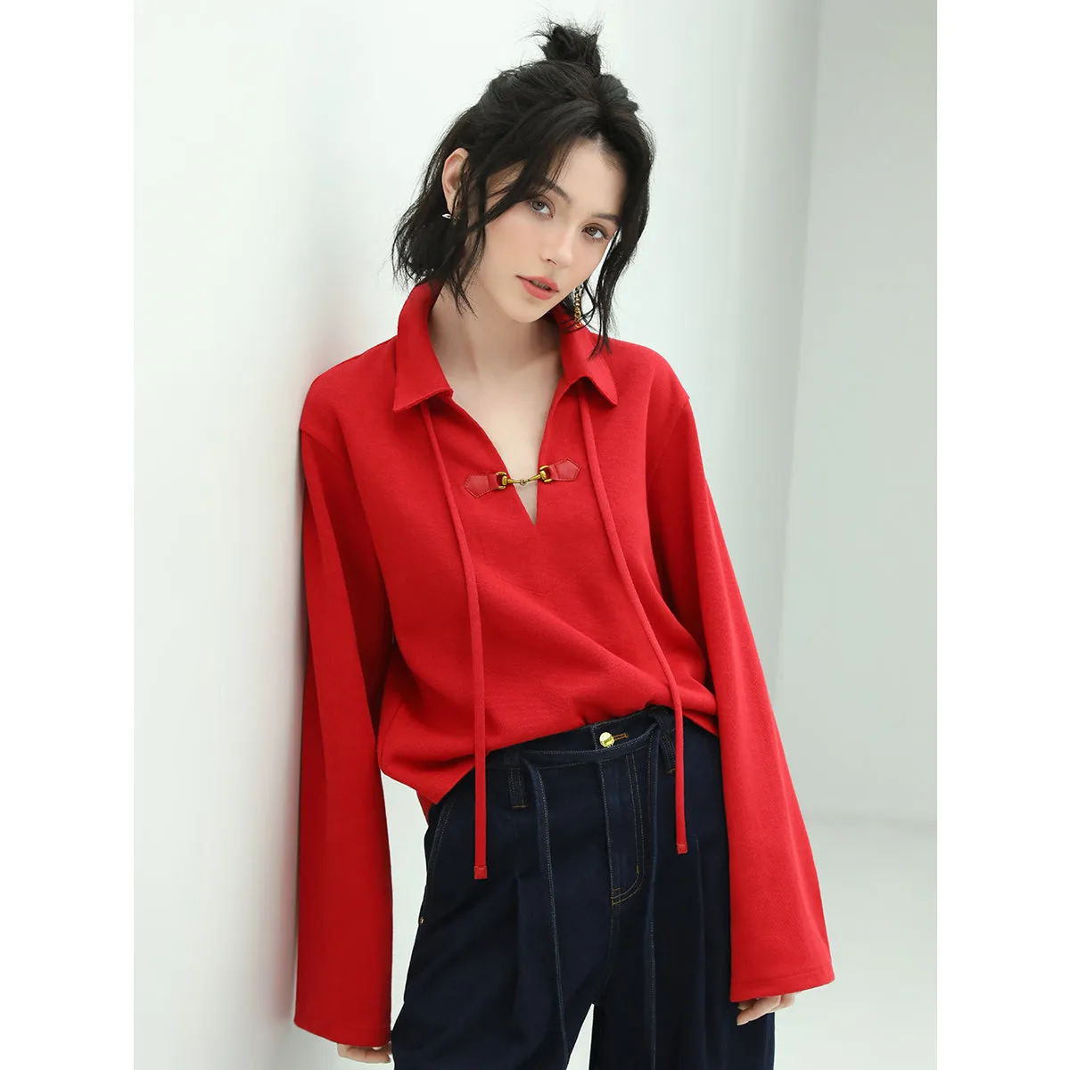 Comfy Drawstring Wide Sleeved Red Sweater With Collar Buckle