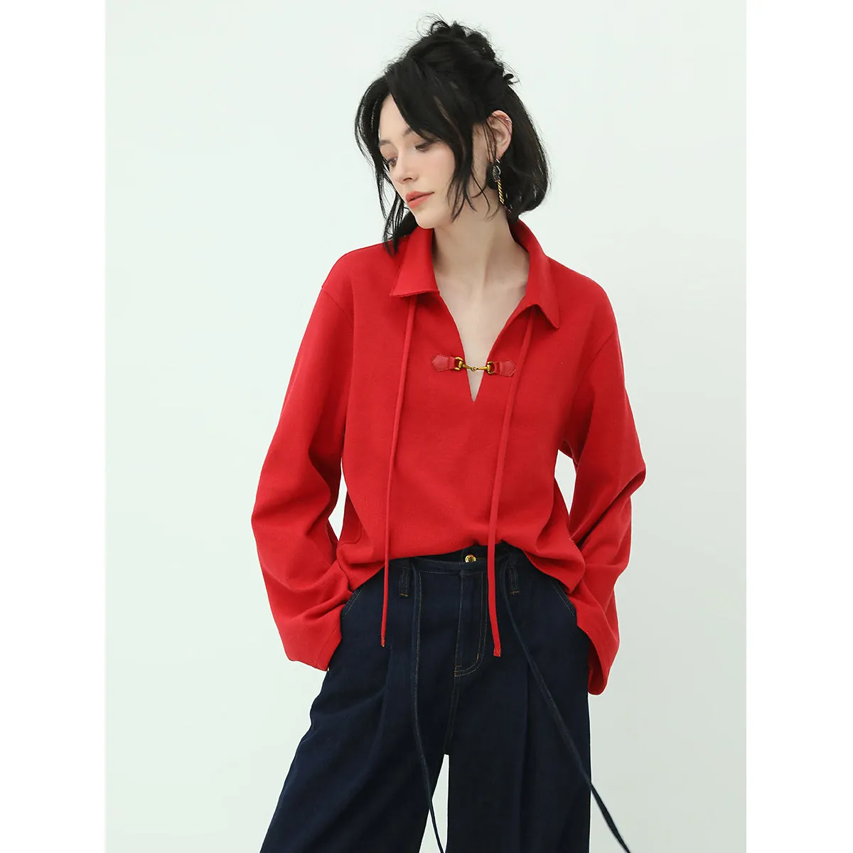 Comfy Drawstring Wide Sleeved Red Sweater With Collar Buckle