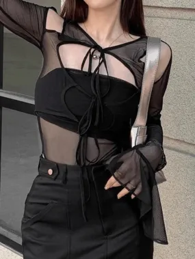 Cutout Sheer Mesh Long Sleeve Black Bodysuit