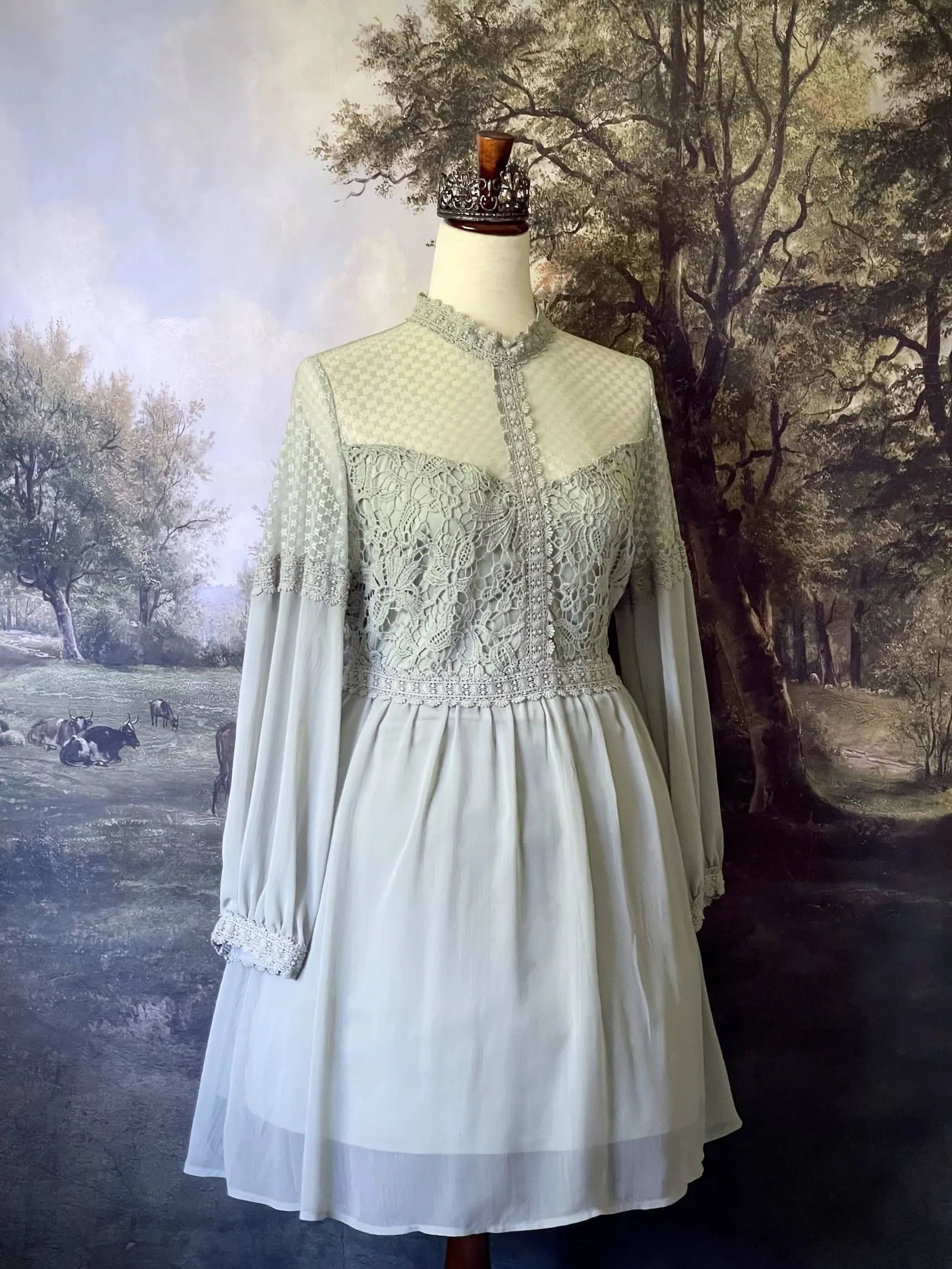 Edwardian Inspired Lace Inset Mini Dress with Bishop Sleeves - Size M-L