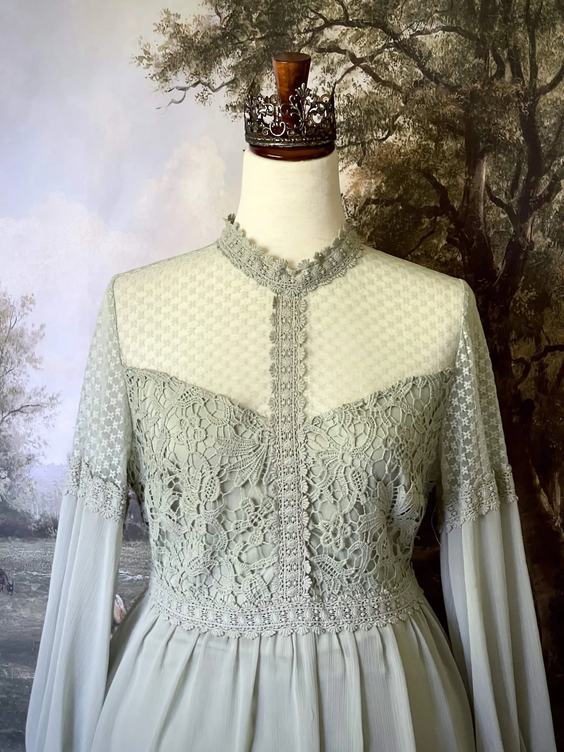 Edwardian Inspired Lace Inset Mini Dress with Bishop Sleeves - Size M-L