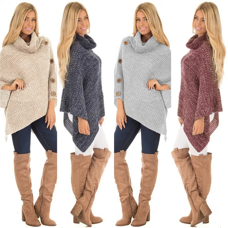 Elegant Knitted Turtleneck Cloak Sweater