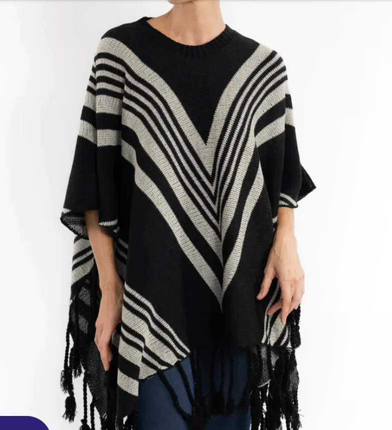 #ET6042 ANGLED FRINGE-KNIT PONCHO