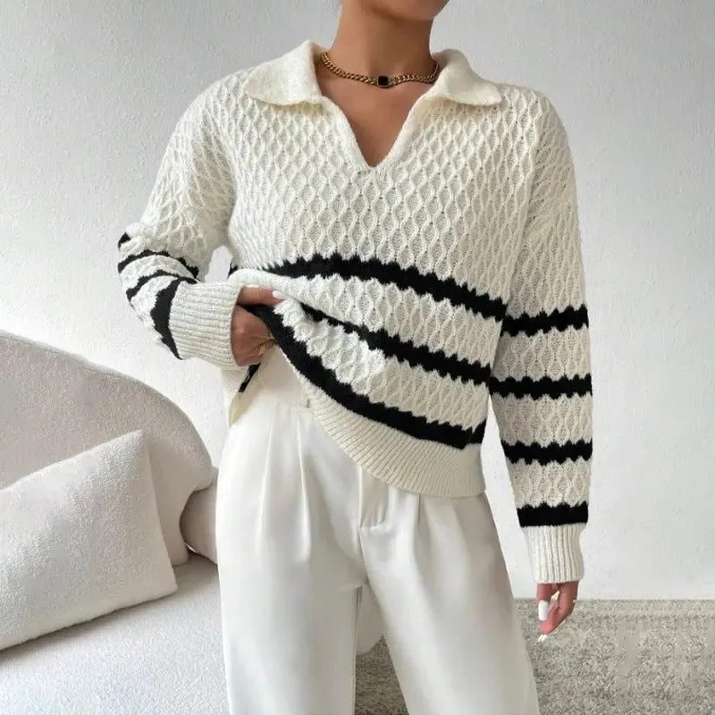 Fashion Polo Collar Pullover Sweater Women