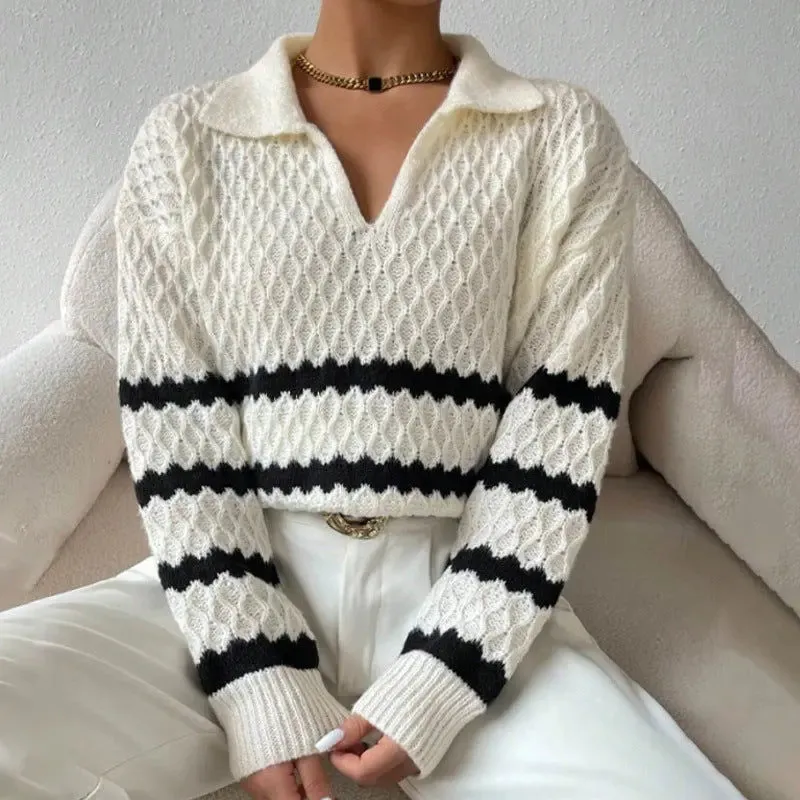 Fashion Polo Collar Pullover Sweater Women