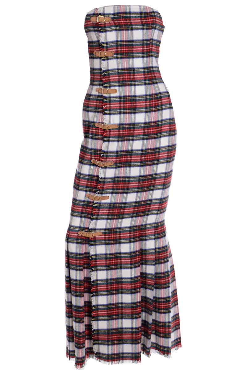 F/W 1989 Isaac Mizrahi "Extreme Kilt" Strapless Red Tartan Plaid Dress