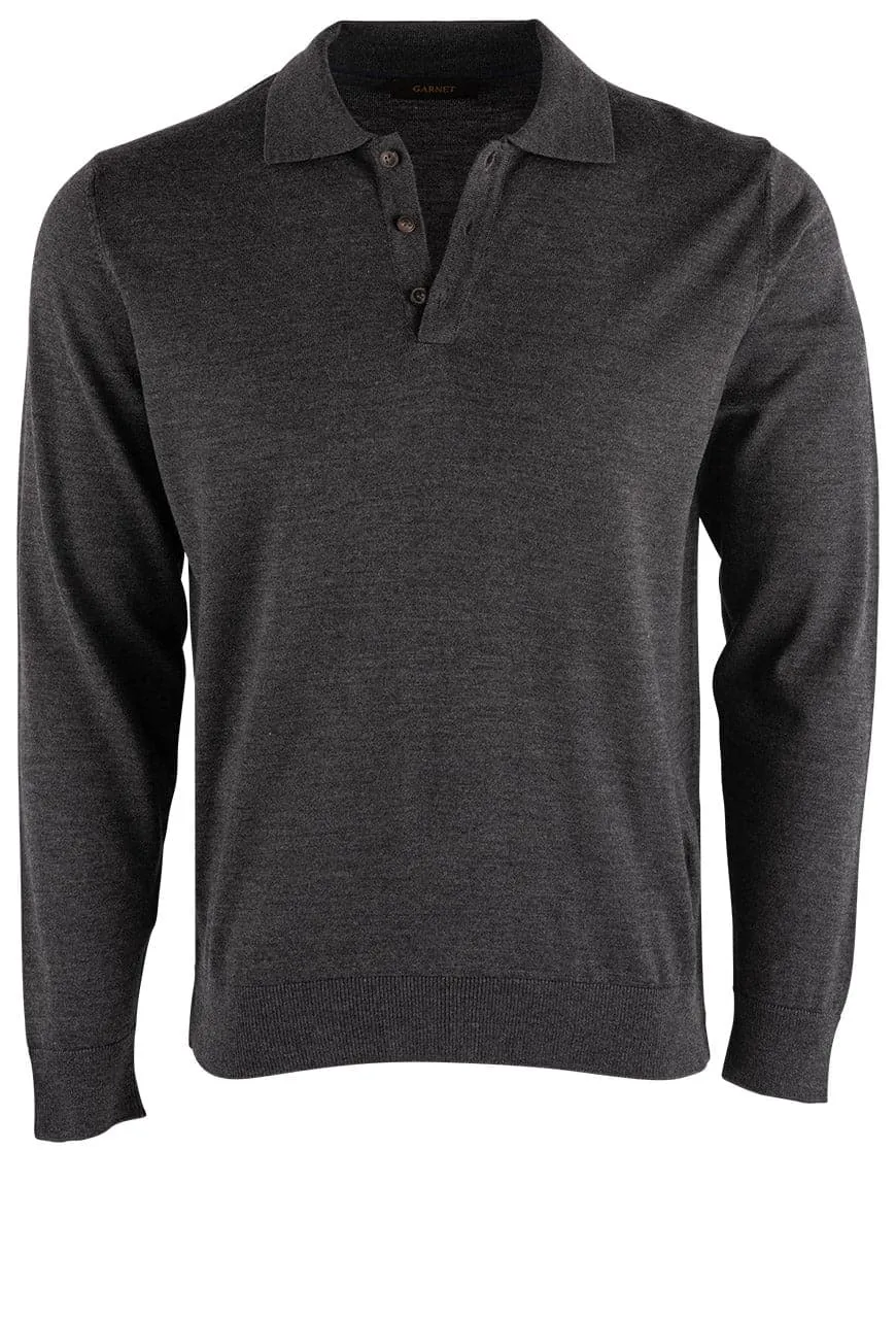 Garnet Men's Merino Wool Polo Sweater - Charcoal