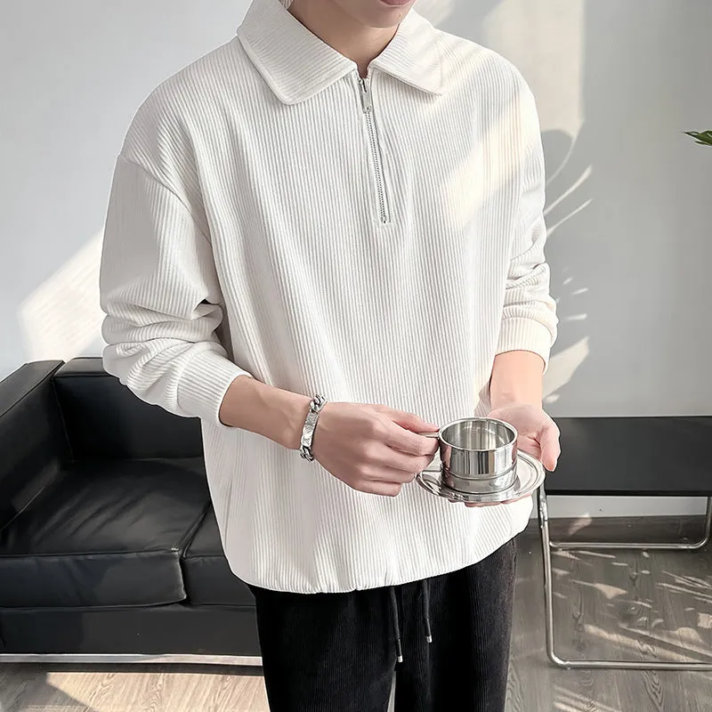 Half Zipper Polo Collar Stripes Thin Shirt