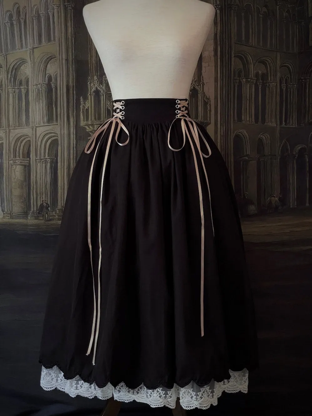 Historically Inspired Black & White Maxi Skirt with Lace-Up Detail - Size XS-S