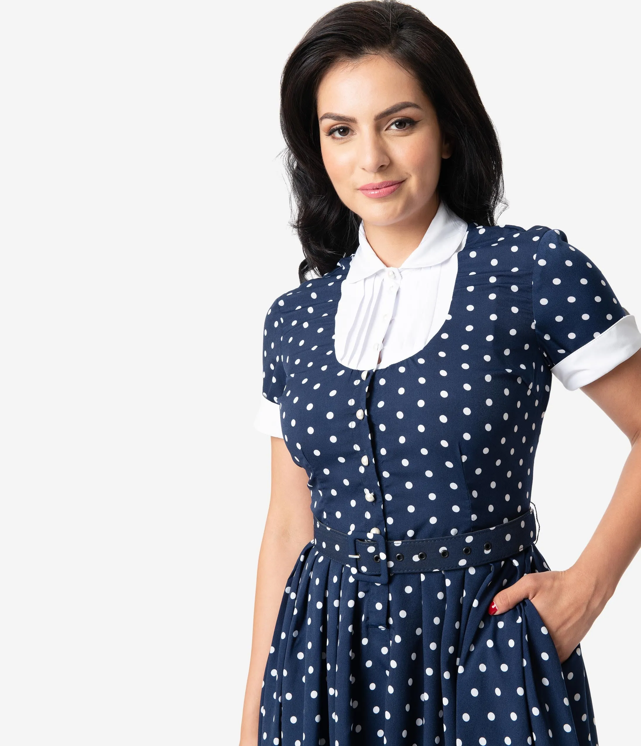 I Love Lucy x Unique Vintage Navy & White Polka Dot Ricardo Swing Dress