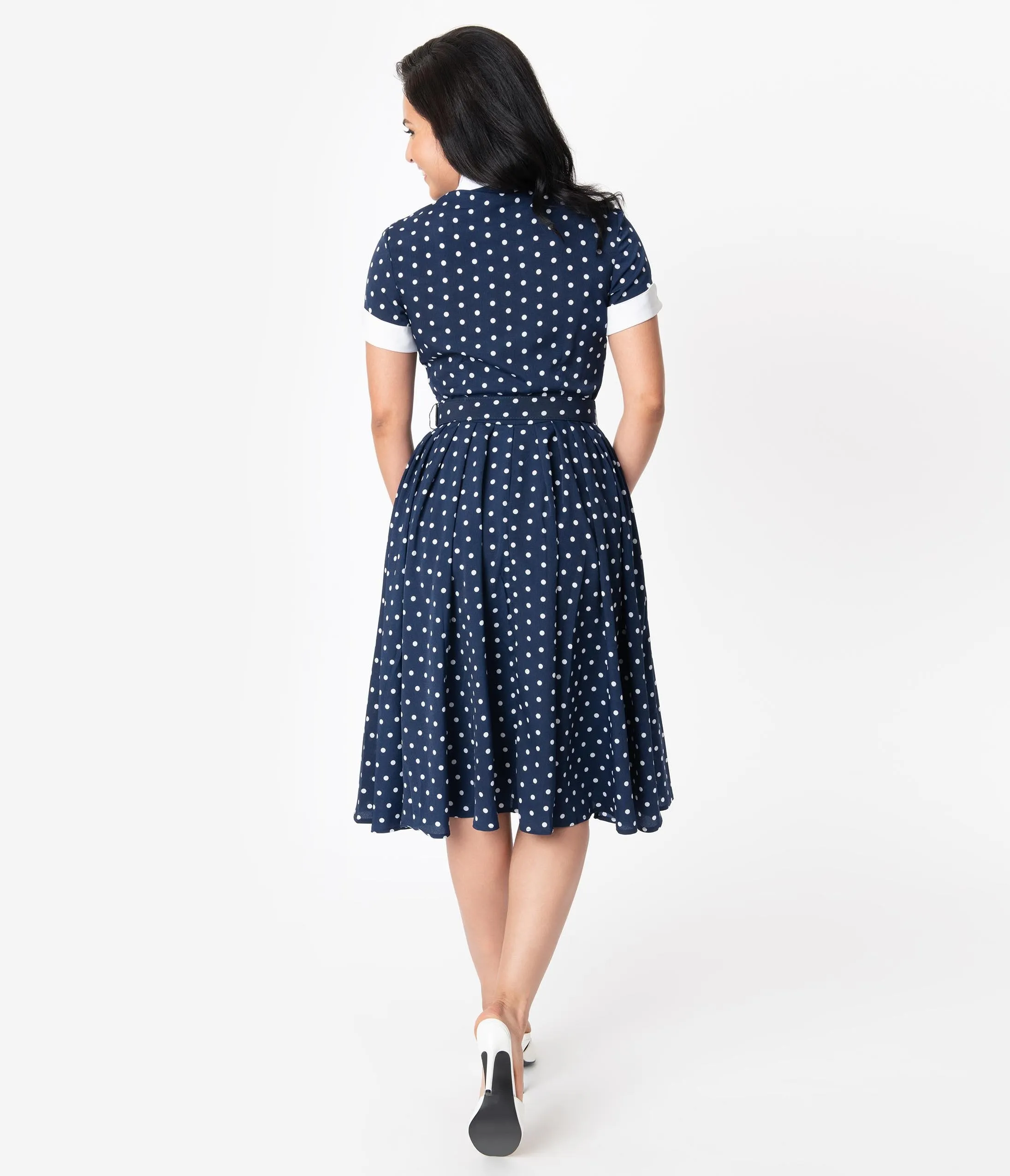 I Love Lucy x Unique Vintage Navy & White Polka Dot Ricardo Swing Dress