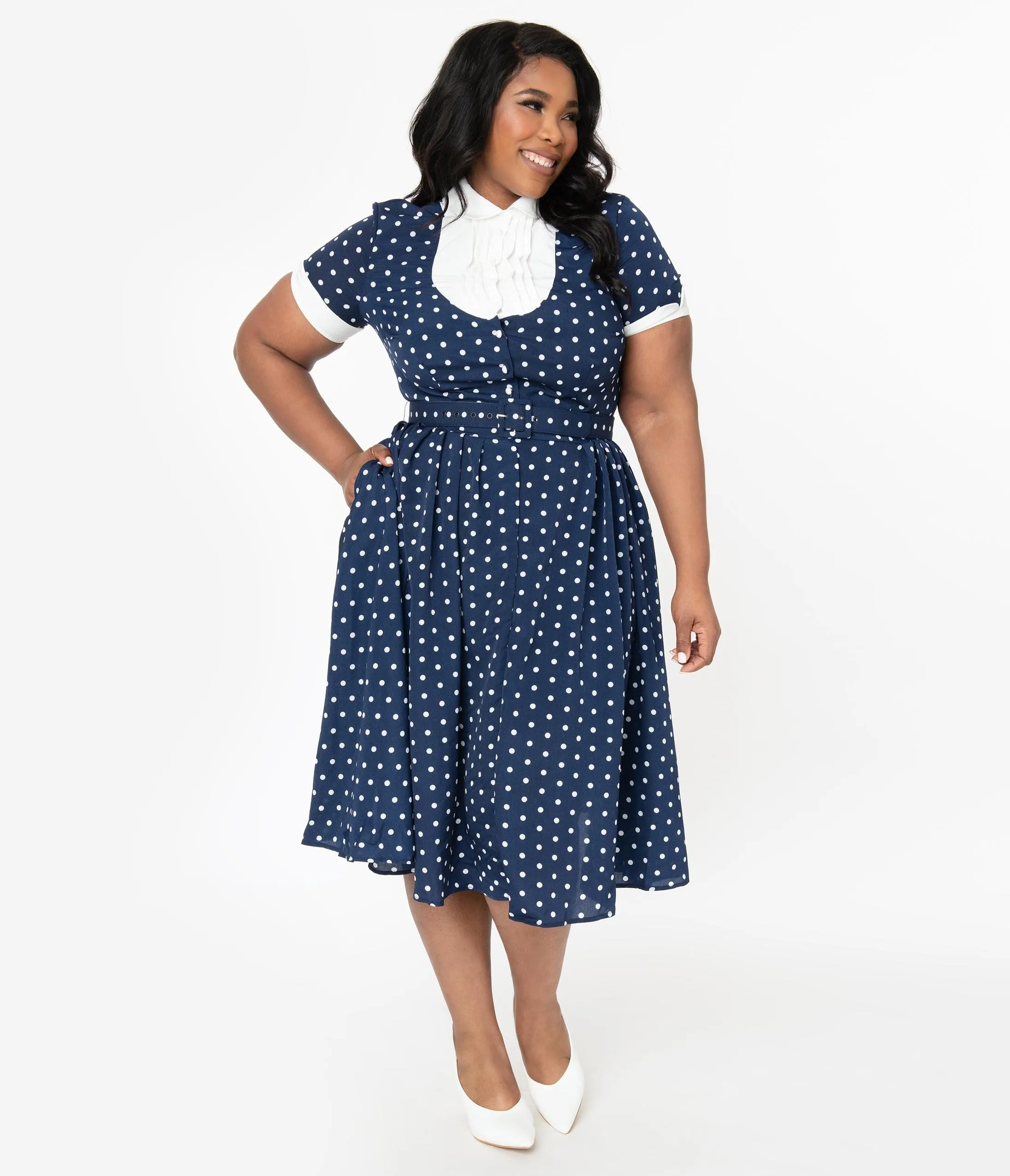 I Love Lucy x Unique Vintage Plus Size Navy & White Polka Dot Ricardo Swing Dress