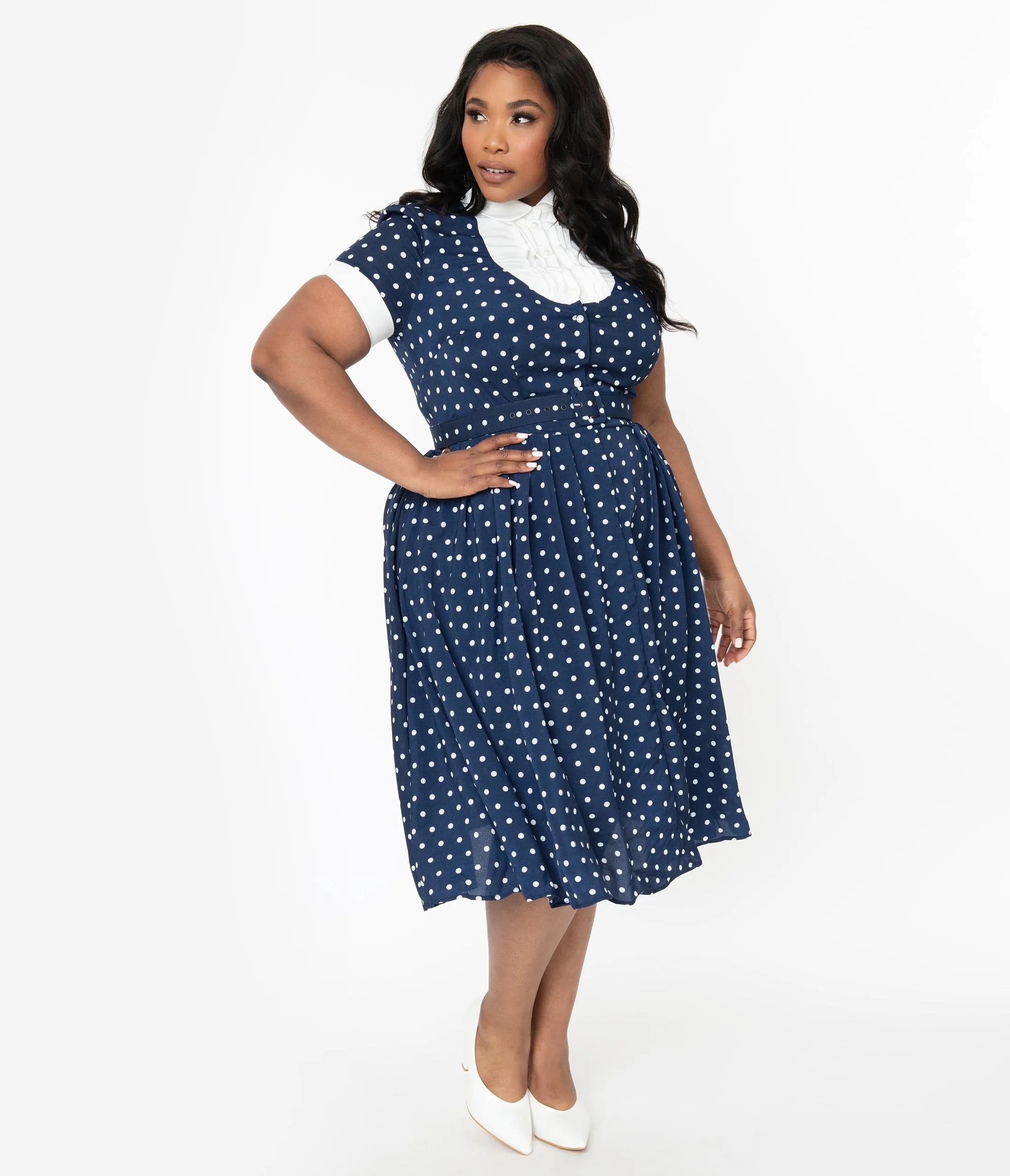 I Love Lucy x Unique Vintage Plus Size Navy & White Polka Dot Ricardo Swing Dress