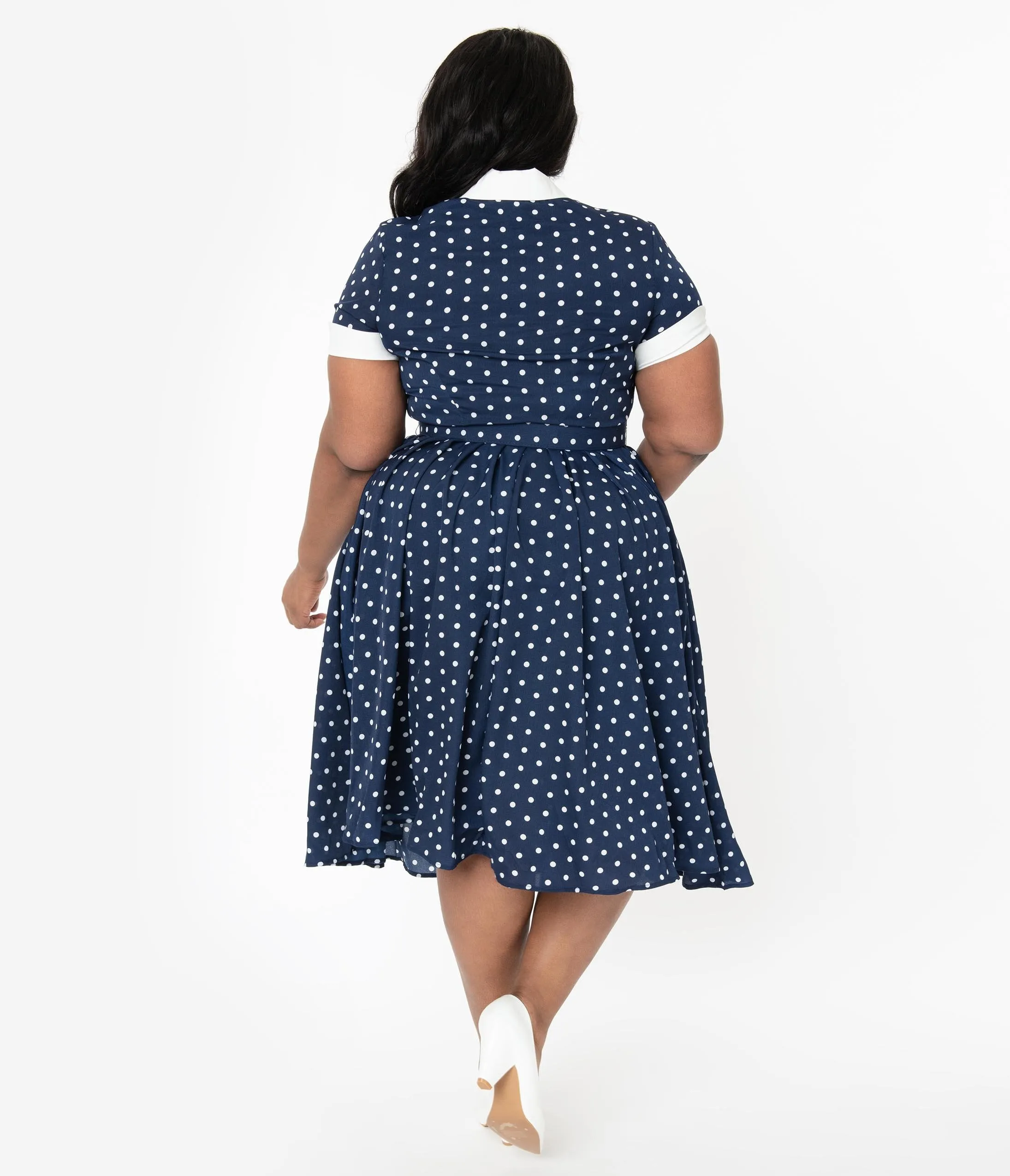 I Love Lucy x Unique Vintage Plus Size Navy & White Polka Dot Ricardo Swing Dress