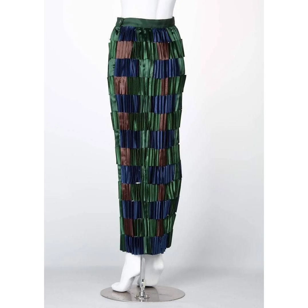 ISSEY MIYAKE Green & Blue Pleated Satin Ribbon Skirt | Size M