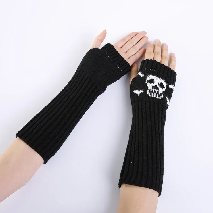 Jacquard Skull Fingerless Warm Gloves Knit Ski Gloves(Black)