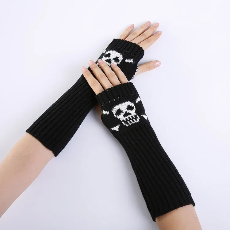 Jacquard Skull Fingerless Warm Gloves Knit Ski Gloves(Black)