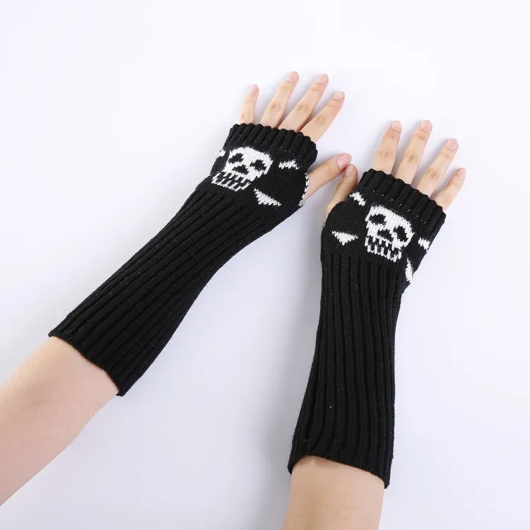 Jacquard Skull Fingerless Warm Gloves Knit Ski Gloves(Black)