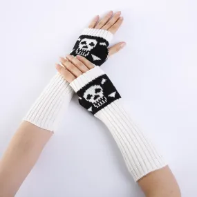 Jacquard Skull Fingerless Warm Gloves Knit Ski Gloves(White)