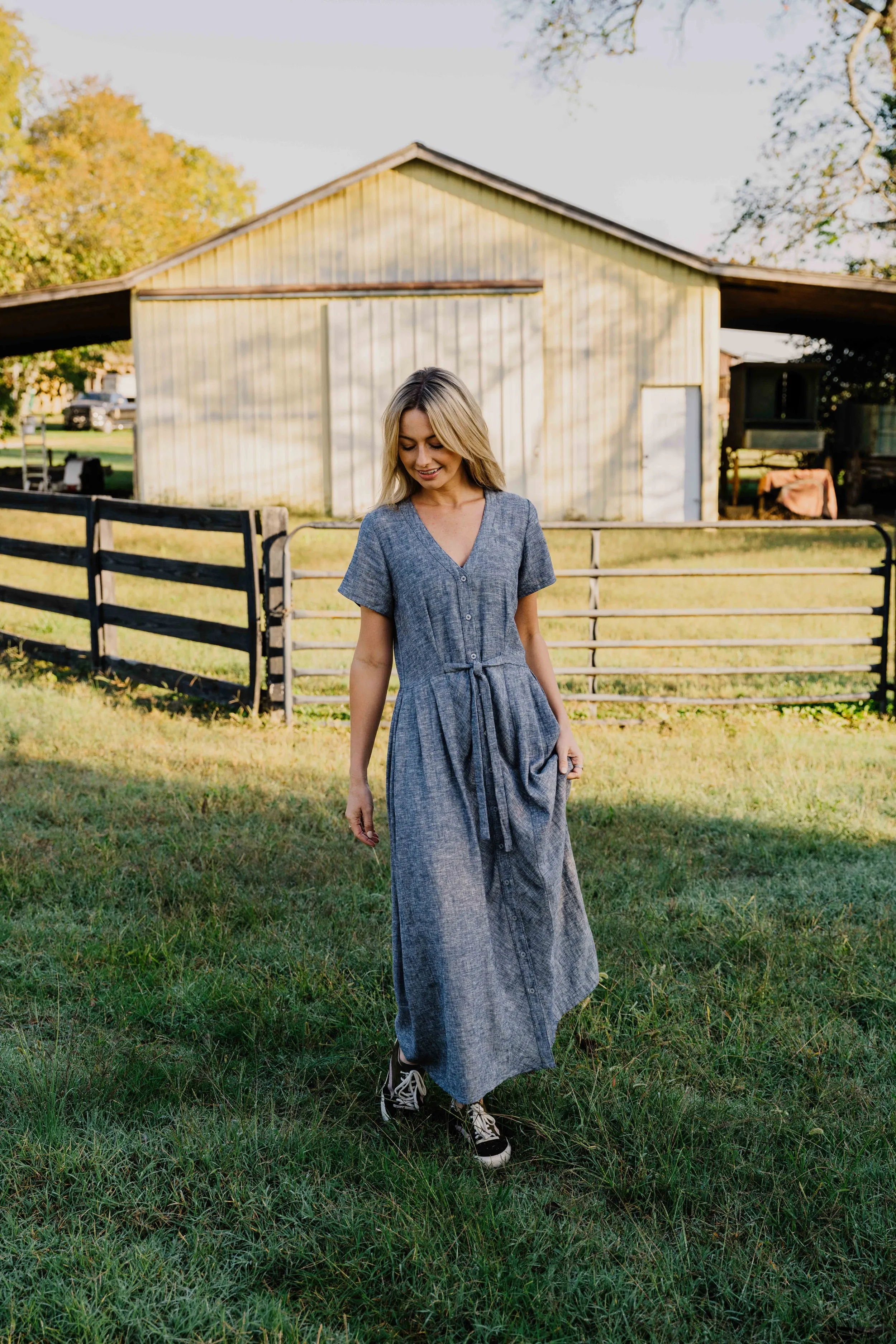 June Dress in Chambray Denim Linen