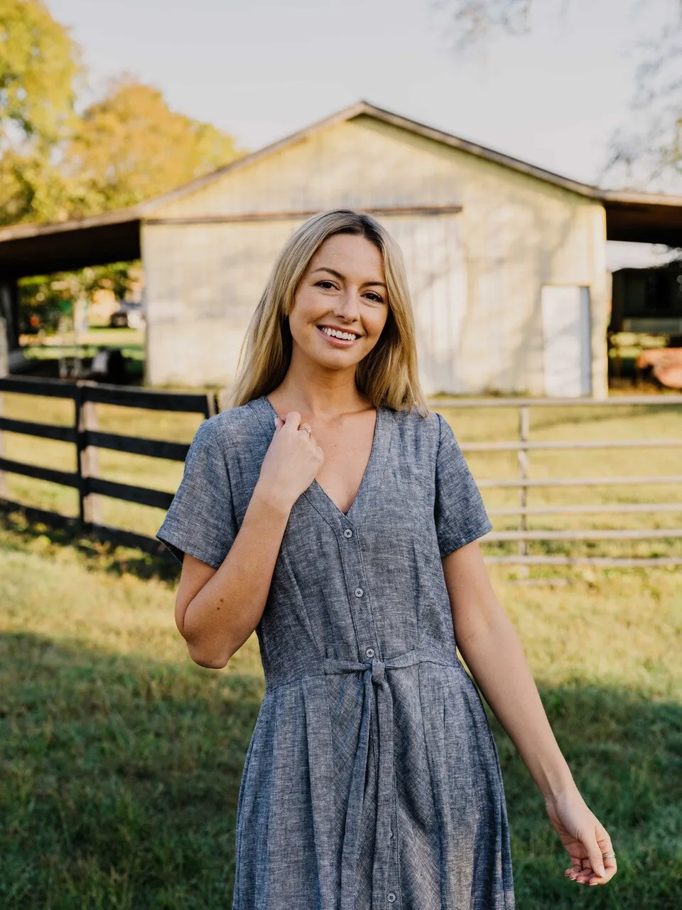 June Dress in Chambray Denim Linen