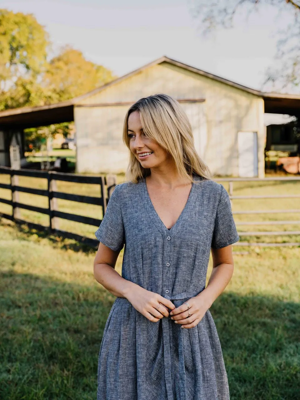 June Dress in Chambray Denim Linen