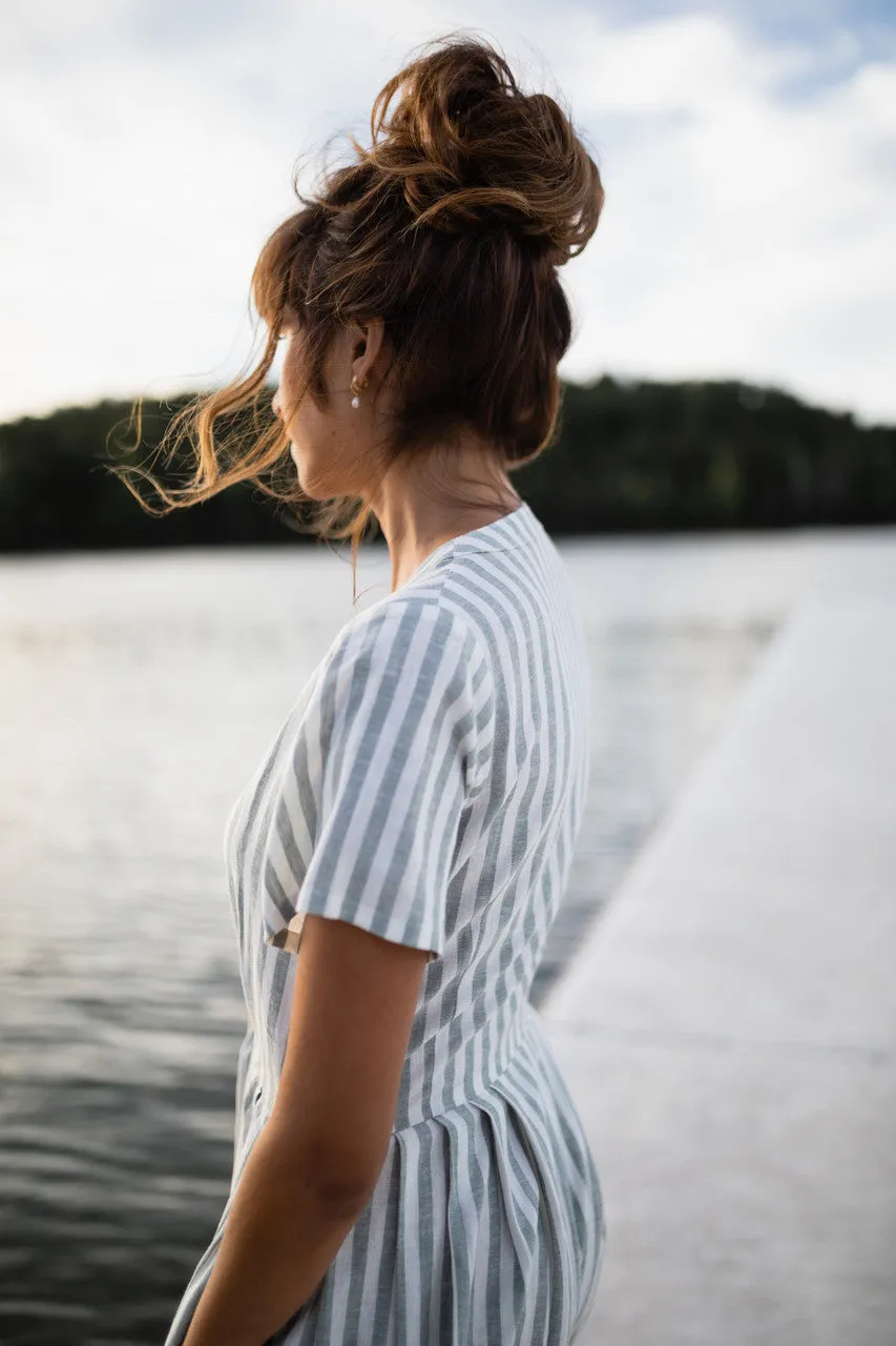 June Dress in Green and White Stripe Linen - S